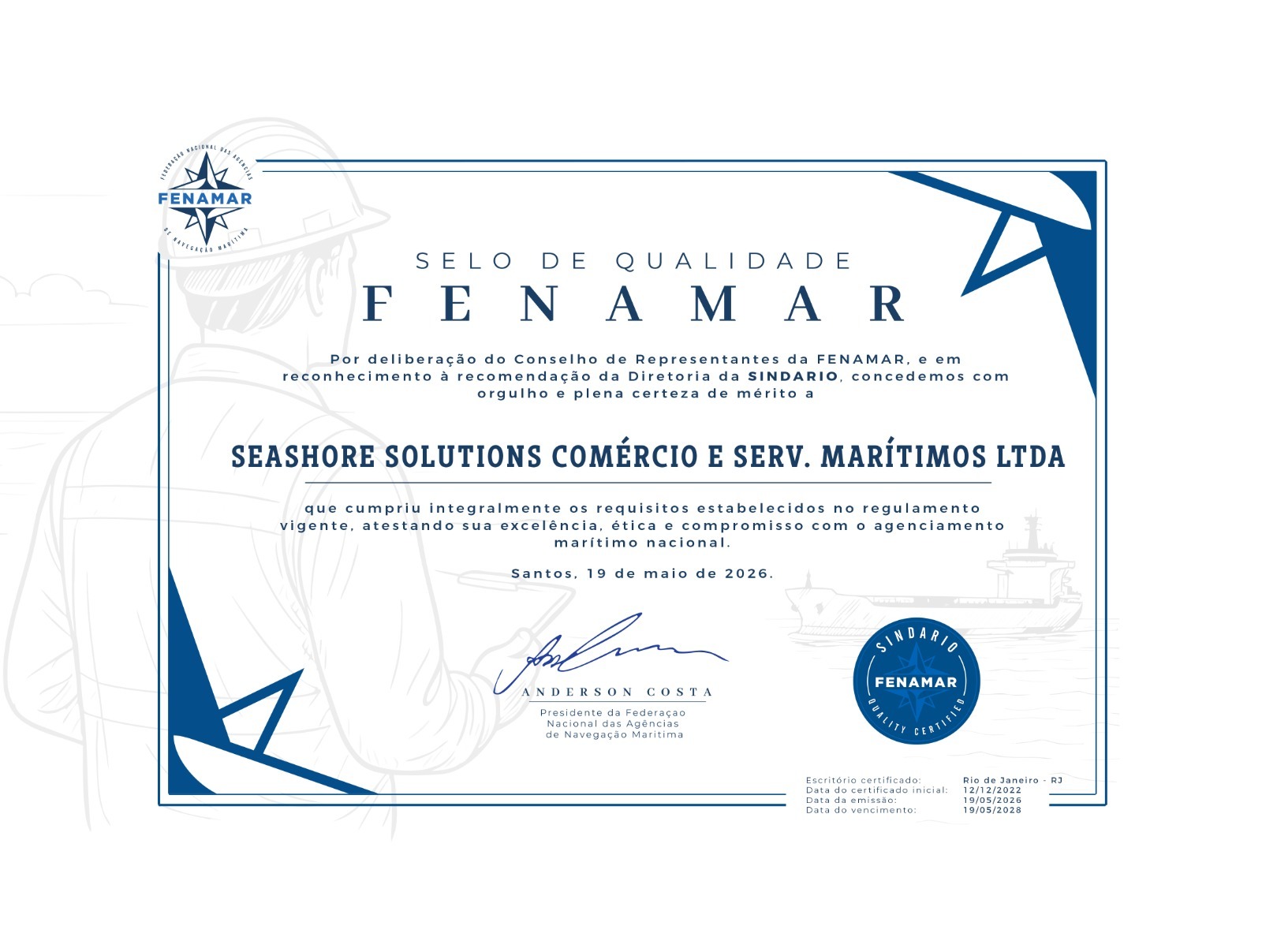 Certificado Selo de Qualidade FENAMAR — Seashore Solutions